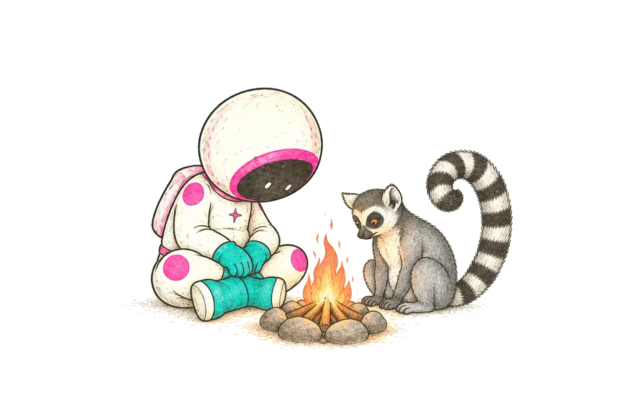 The pink-and-teal astronaut and a ring-tailed lemur sharing a little campfire.
