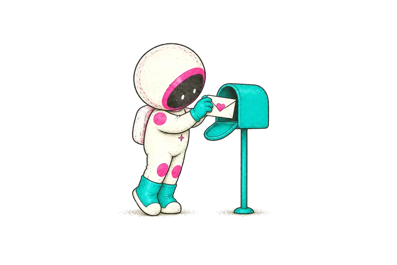 A little pink-and-teal astronaut posting a letter in a teal mailbox.