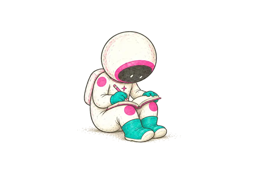 A pink-and-teal astronaut concentrating on writing in a notebook.